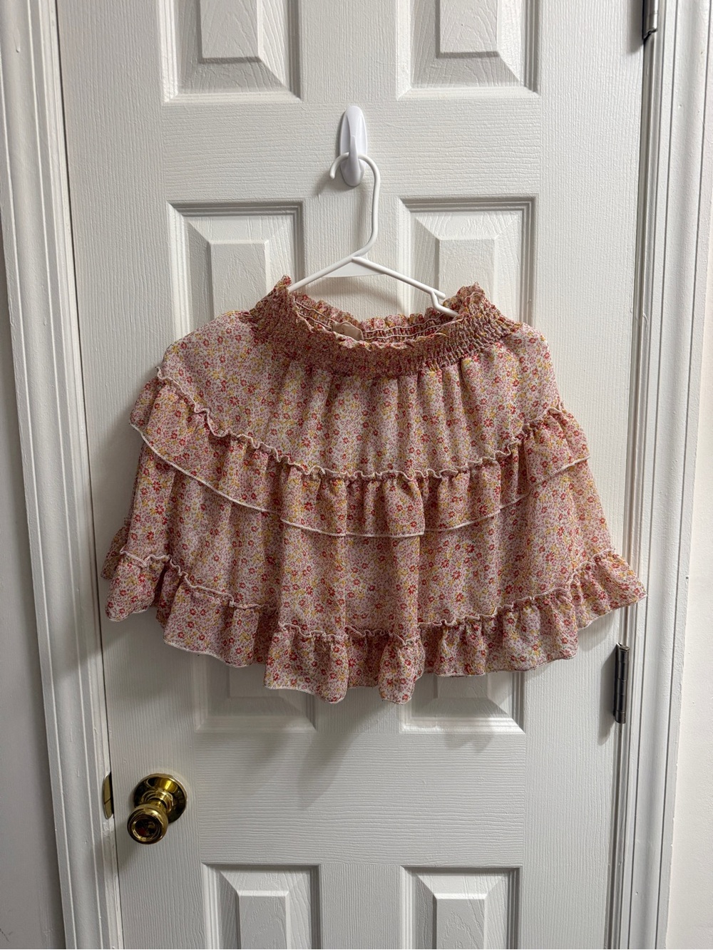 Altar'd State Cream and Pink Floral Ruffled Mini Skirt